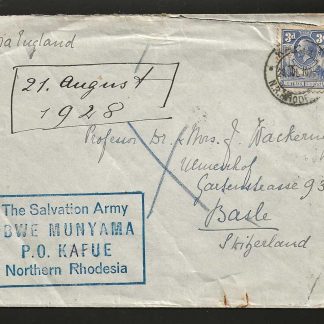Northern Rhodesia 1928 cover to Switzerland with Ibwe Munyama Salvation Army cachet