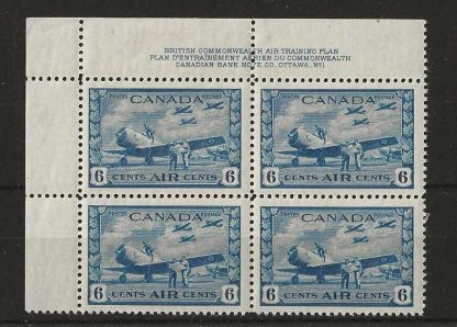 Canada 1942 GVI Six Cents Air top left corner block SG 399 unmounted mint