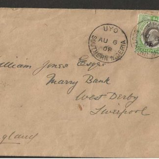 Southern Nigeria 1908 EVII Halfpenny pair on cover to UK with UYO postmark