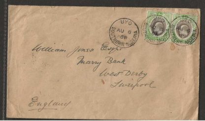 Southern Nigeria 1908 EVII Halfpenny pair on cover to UK with UYO postmark