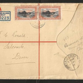 Falkland Islands 1934 Registered envelope with two Four Pence Centenary stamps sent to England