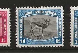 South Africa 1923 Harrison Three One Penny Springbok essays small format in Carmine and Blue