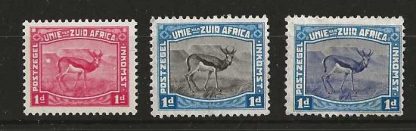 South Africa 1923 Harrison Three One Penny Springbok essays small format in Carmine and Blue