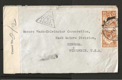 Northern Rhodesia 1942 GVI Censored cover to USA with Nkana service station cachet on rear