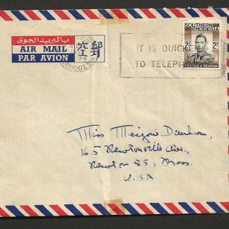 Rhodesia 1952 GVI Airmail cover with Two Shillings to United States