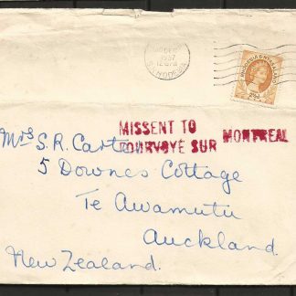 Rhodesia 1957 cover to New Zealand with MISSENT to Montreal Cachet in red
