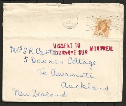 Rhodesia 1957 cover to New Zealand with MISSENT to Montreal Cachet in red