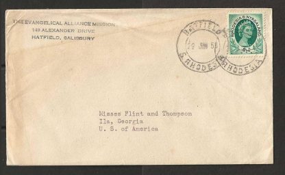Rhodesia 1956 Evangelical Alliance Mission cover sent from Hatfield to United States