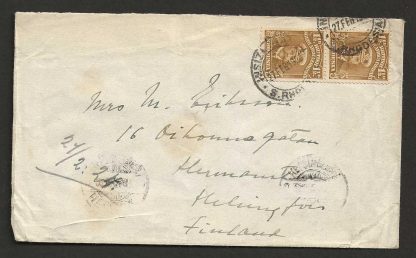 Rhodesia 1924 Admiral One and a Halfpence pair on cover from Insiza Station to Finland