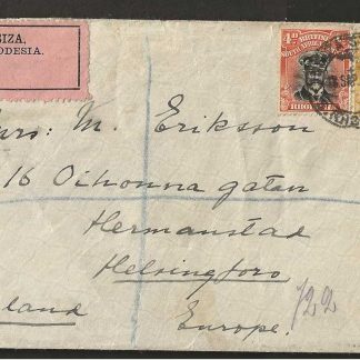 Rhodesia 1923 Admiral registered cover sent to Finland