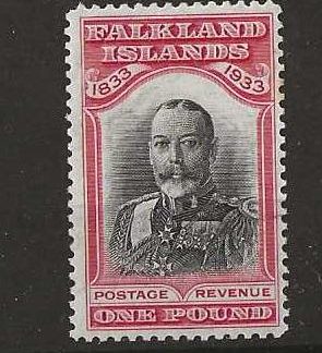Falkland Islands 1933 GV One Pound Centenary SG 138 lightly mounted mint