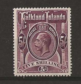 Falkland Islands 1912 GV Five Shillings SG 67b lightly mounted