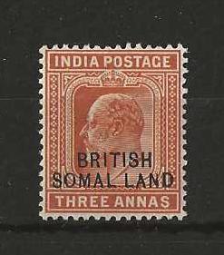 Somaliland Protectorate 1903 EVII Three Annas SG 28c SOMAL.LAND flaw mounted mint