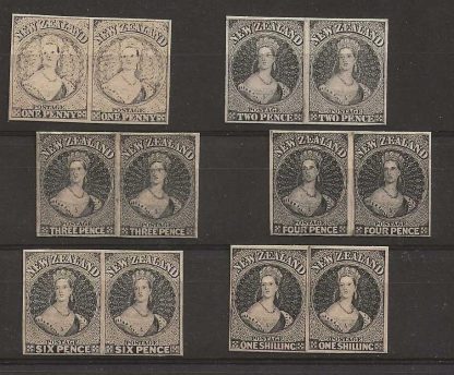 New Zealand QV Six plate proofs of different values to One Shilling on thick card