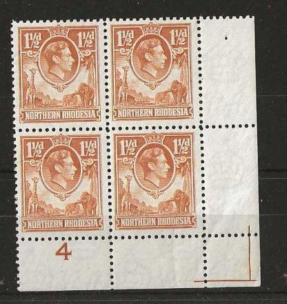 Northern Rhodesia 1938 GVI One and a Halfpence Plate 4 block SG 30 mounted mint