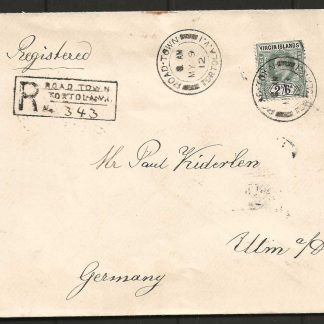 British Virgin Islands 1912 EVII Two Shillings and Sixpence on Registered cover to Germany