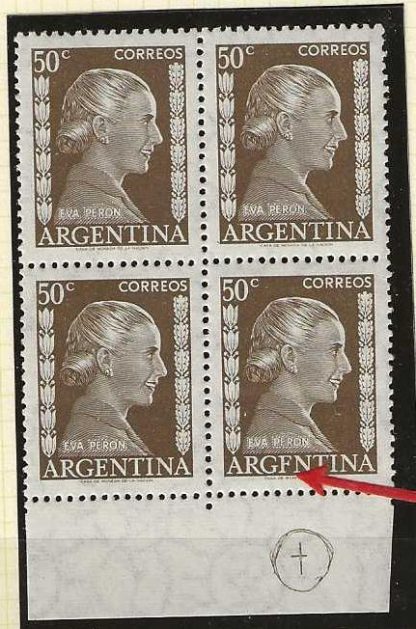 Argentina 1952 Eva Peron Fifty Cents block with Argfntina error SG 840 unmounted mint
