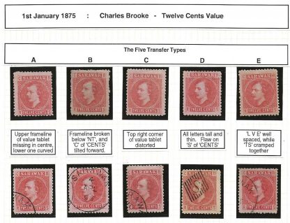 Sarawak 1875 Twelve Cents five mint and used showing the five Transfer types SG 7