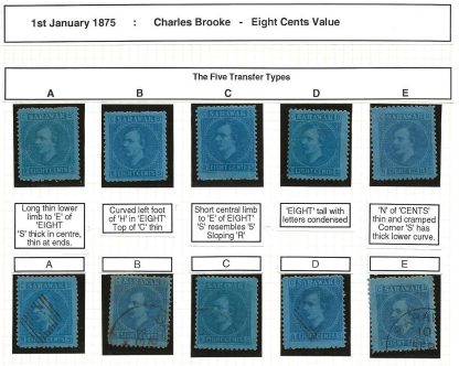 Sarawak 1875 Eight Cents five mint and used showing the five Transfer types SG 6