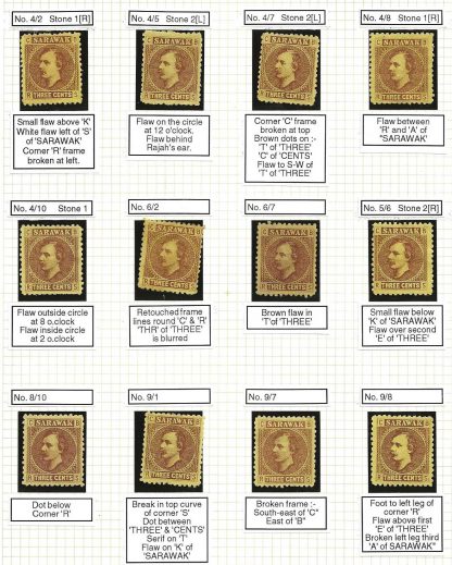Sarawak 1871 Three Cents twelve singles all plated SG 2 mint