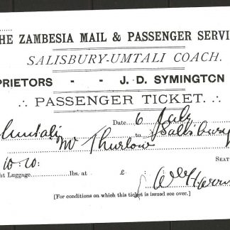 Rhodesia photograph with Archives cachet of Zambesia mail and Passenger Service Ticket 1897