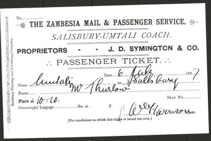 Rhodesia photograph with Archives cachet of Zambesia mail and Passenger Service Ticket 1897