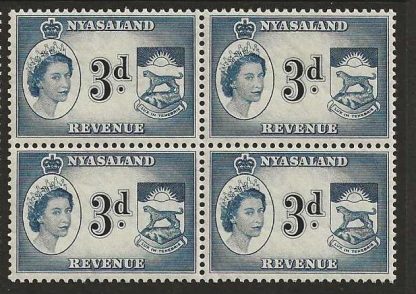 Nyasaland 1955 QEII Revenue Three Pence block Barefoot 22 unmounted mint