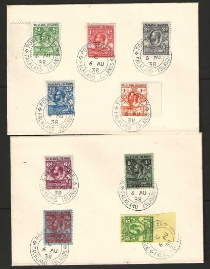 Falkland Islands 1938 GV pair of unaddressed covers with values to Five Shillings