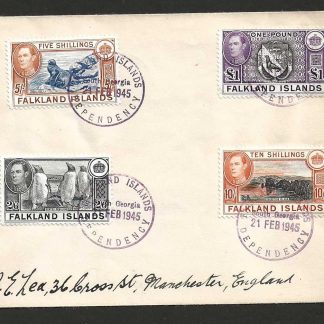 Falkland Islands 1945 GVI High Values on cover from South Georgia to England