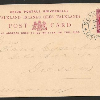 Falkland Islands 1900 QV One Penny Post Card commercially used to Germany Code C sideways inverted