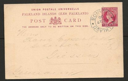 Falkland Islands 1900 QV One Penny Post Card commercially used to Germany Code C sideways inverted