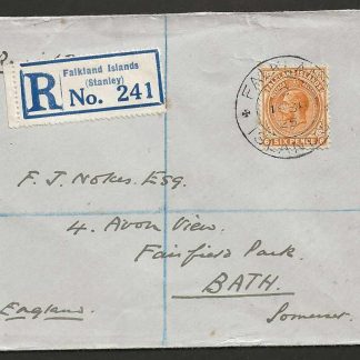 Falkland Islands 1925 GV registered cover to England