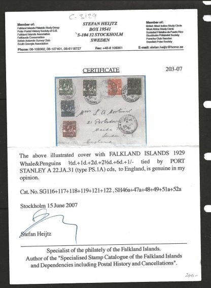 Falkland Islands 1931 GV Commercial cover to London with certificate - Image 2