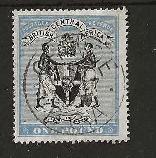BCA/Nyasaland1896 QV One Pound SG 40 fine used with a CHINDE postmark