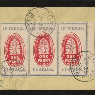 BCA/Nyasaland 1898 QV One Penny cheque stamps strip of three on piece SG 57 used