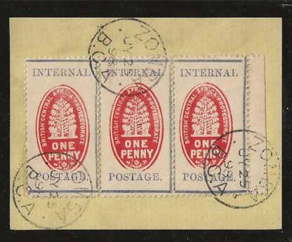 BCA/Nyasaland 1898 QV One Penny cheque stamps strip of three on piece SG 57 used