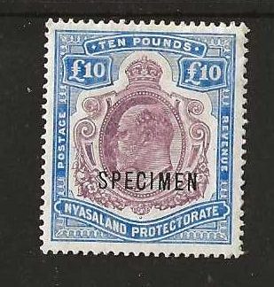 BCA/Nyasaland 1908 EVII Ten Pounds overprinted SPECIMEN SG 82s mint