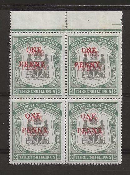 BCA/Nyasaland QV 1897 One Penny on Three Shillings block all with Double overprint SG 53c mint
