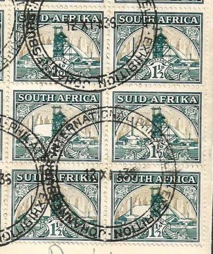 South Africa 1936 Philatelic Exhibition cover with One and a Halfpence block with three Pairs without shading SG 57a - Image 2