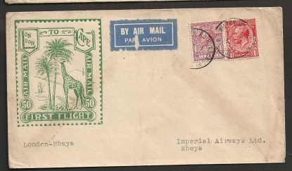 GB Imperial Airways 1931 First Flight cover from London to Mbeya private issue