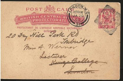 BCA/Nyasaland 1901 Mission Post Card to England from Blantyre Mission