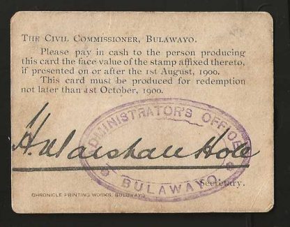 Rhodesia 1897 Three Pence Large Arms Marshall Hole Currency Card - Image 2