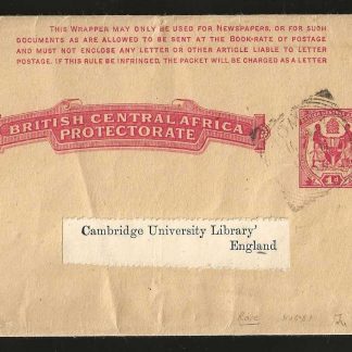 BCA/Nyasaland One Penny Wrapper used to England with Zomba postmark