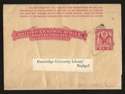 BCA/Nyasaland One Penny Wrapper used to England with Zomba postmark
