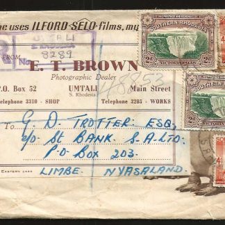 Southern Rhodesia 1952 cover from ET BROWN to Nyasaland with developed negatives
