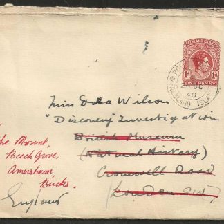 Falkland islands 1940 GVI Re-directed Postal Envelope from Port Stanley to England