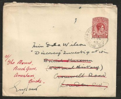 Falkland islands 1940 GVI Re-directed Postal Envelope from Port Stanley to England