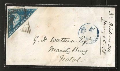 Cape Of Good Hope 1858 Four Pence Triangle cover to Natal