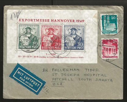 Germany 1949 Hanover Fair miniature sheet SG MS 145 on cover to United States