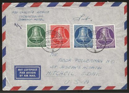 Germany Berlin 1953 Bells set on neat Airmail cover to United States